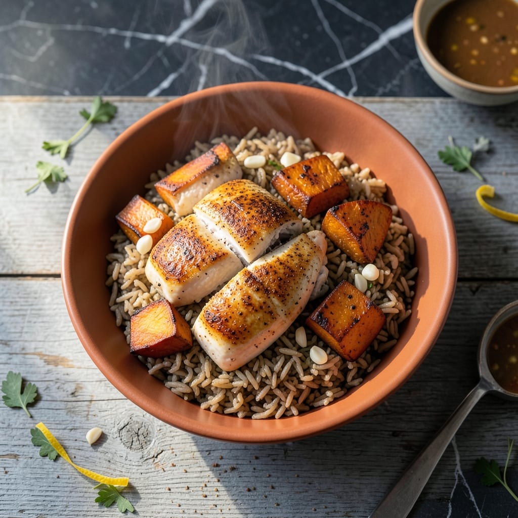 Chicken and Sweet Potato Rice Bowl Recipe: Nutty Depth With Roasted Veggies
