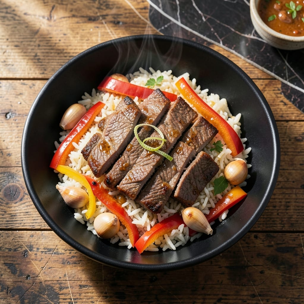 Garlic Beef and Pepper Rice Recipe: Wok-Seared Umami With Fresh Aromatics Garlic Beef and Pepper Rice Recipe: Wok-Seared Umami With Fresh Aromatics