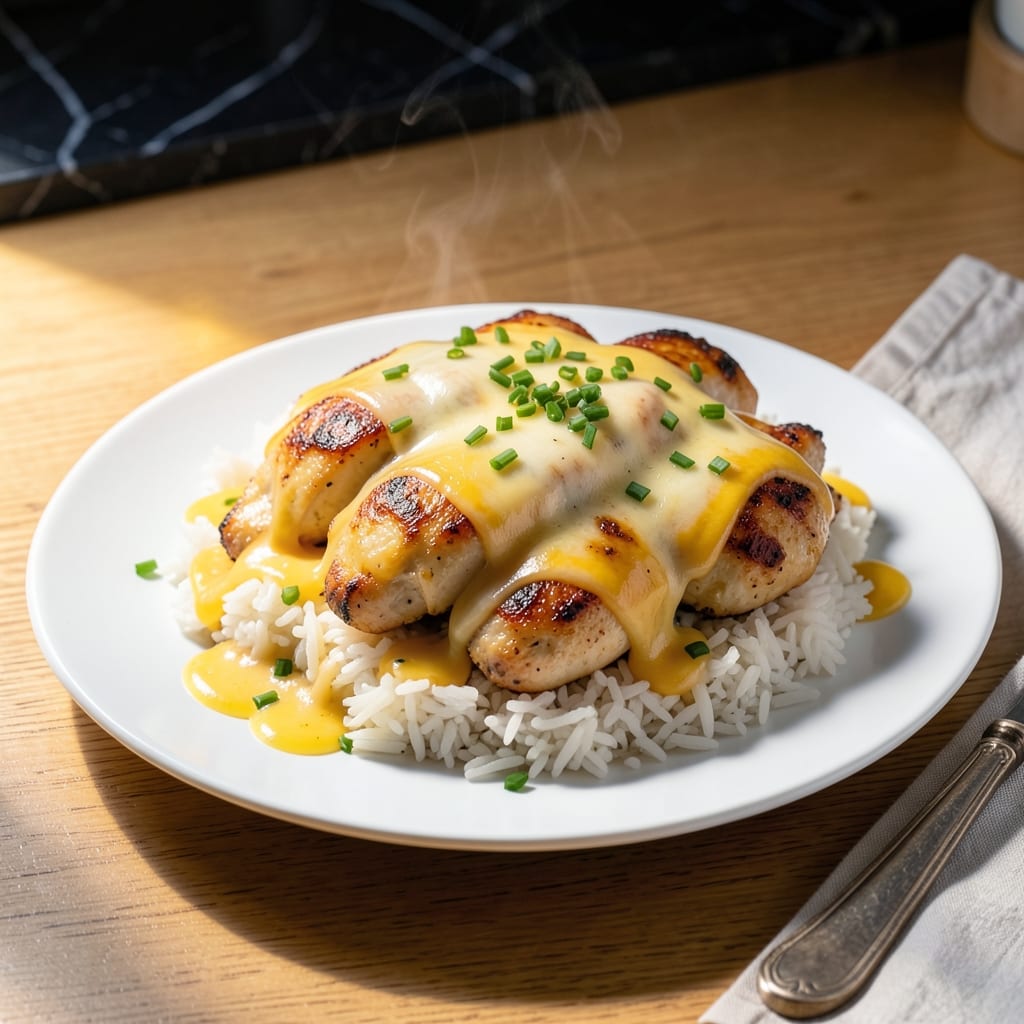 Cheesy Chicken Over Rice Recipe: Melted Cheese Blanket on Fluffy Grains