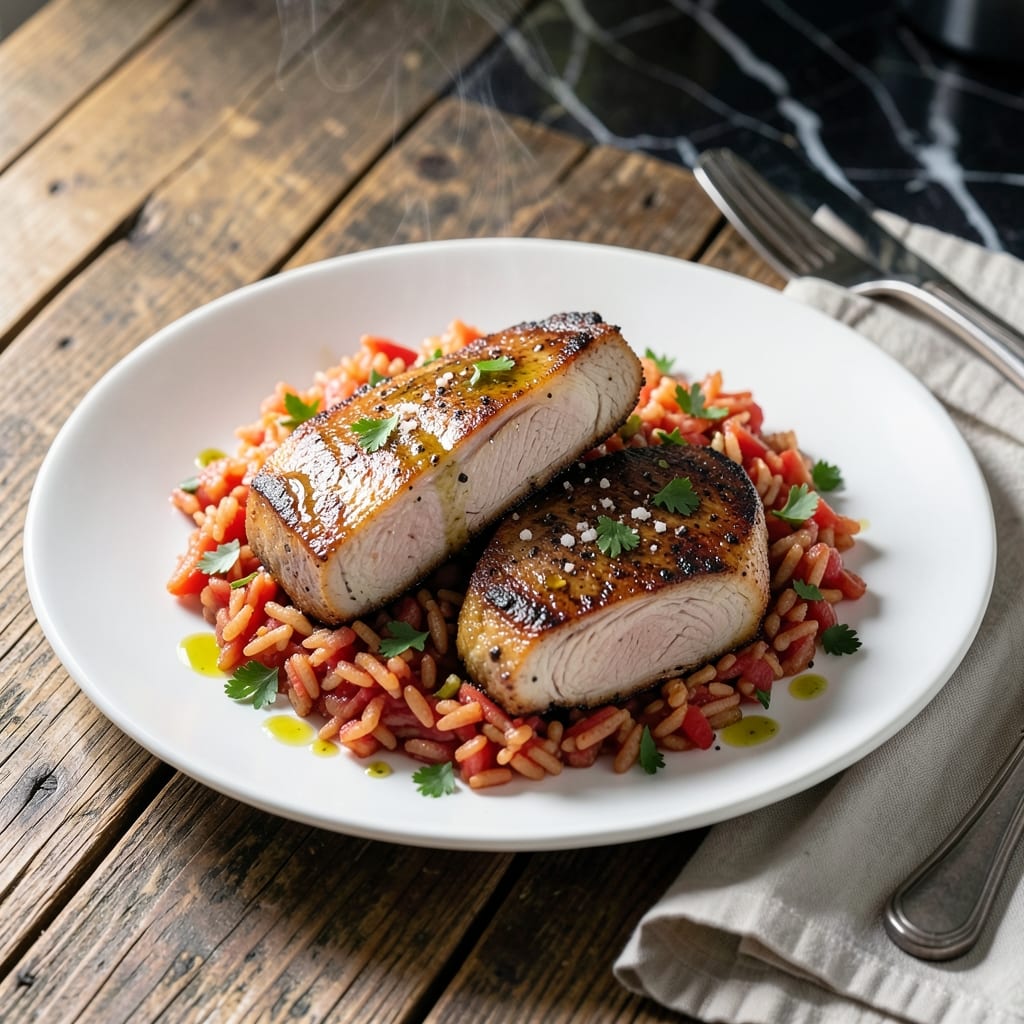 Pork Chop Tomato Rice Recipe: Pan-Seared Pork Over Savory Tomato Grains Pork Chop Tomato Rice Recipe: Pan-Seared Pork Over Savory Tomato Grains