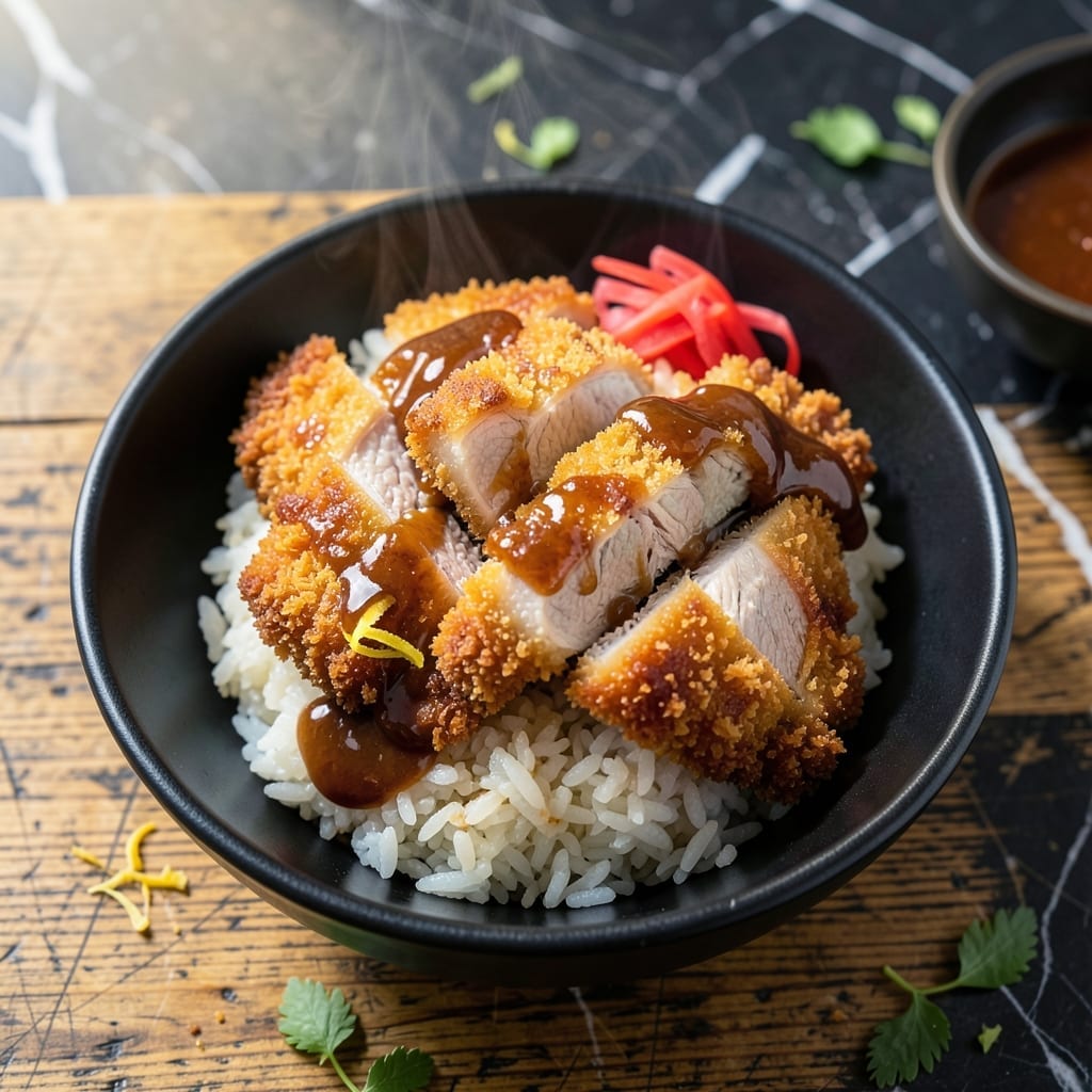 Japanese Pork Rice Bowl Recipe: Tonkatsu-Style Crispy Cutlet Over Steamed Rice Japanese Pork Rice Bowl Recipe: Tonkatsu-Style Crispy Cutlet Over Steamed Rice
