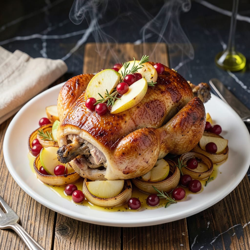Visual representation of apple and cranberry roasted chicken recipe