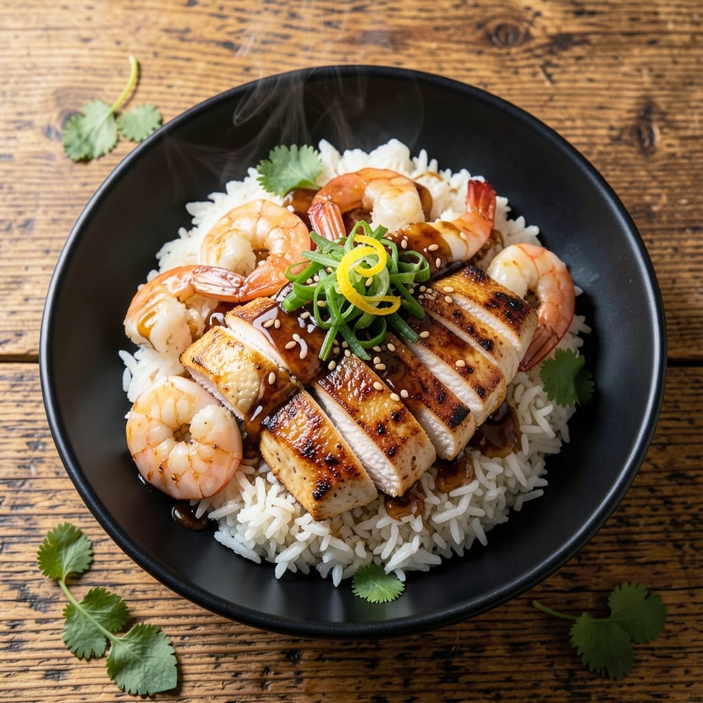 Chicken and Shrimp Rice Bowl Recipe: Protein-Packed Asian Fusion Chicken and Shrimp Rice Bowl Recipe: Protein-Packed Asian Fusion