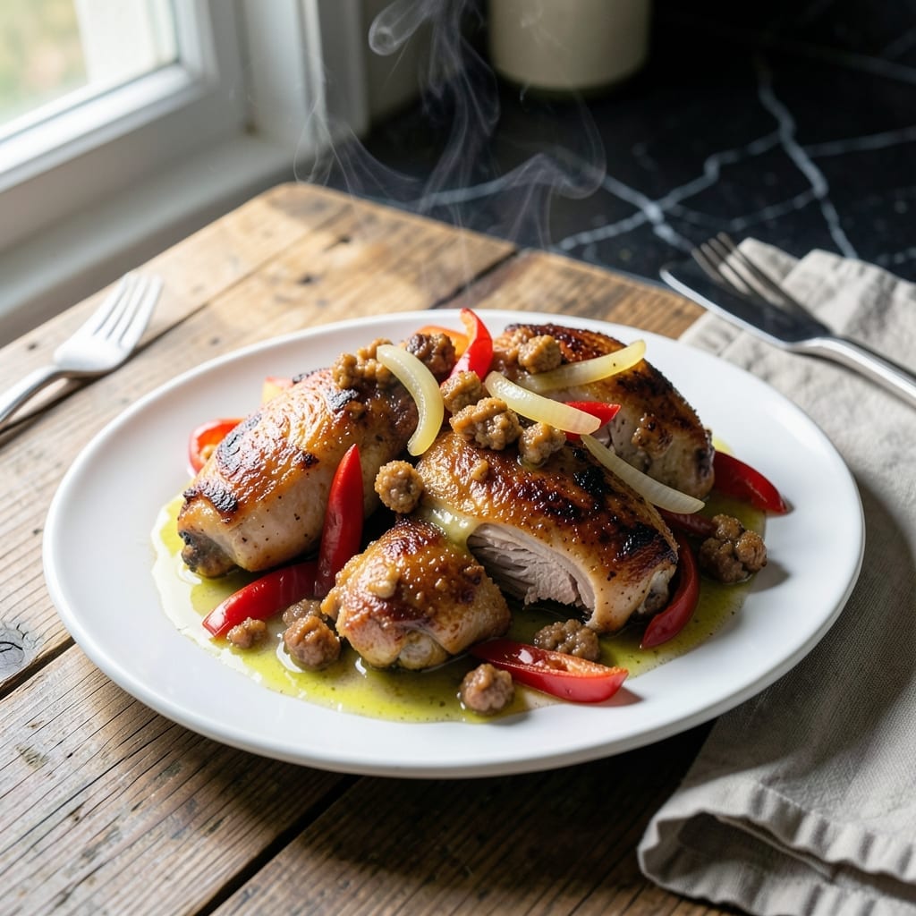 Chicken Scarpariello Recipe: Sweet and Tangy Sausage and Pepper Skillet Chicken Scarpariello Recipe: Sweet and Tangy Sausage and Pepper Skillet