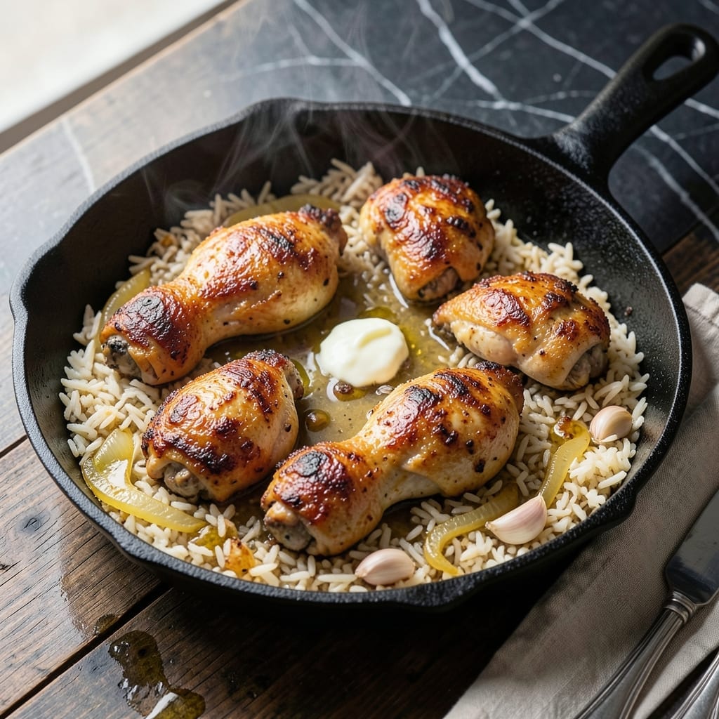 Chicken Thigh and Rice One Pan Recipe: Golden Crust Over Tender Grains