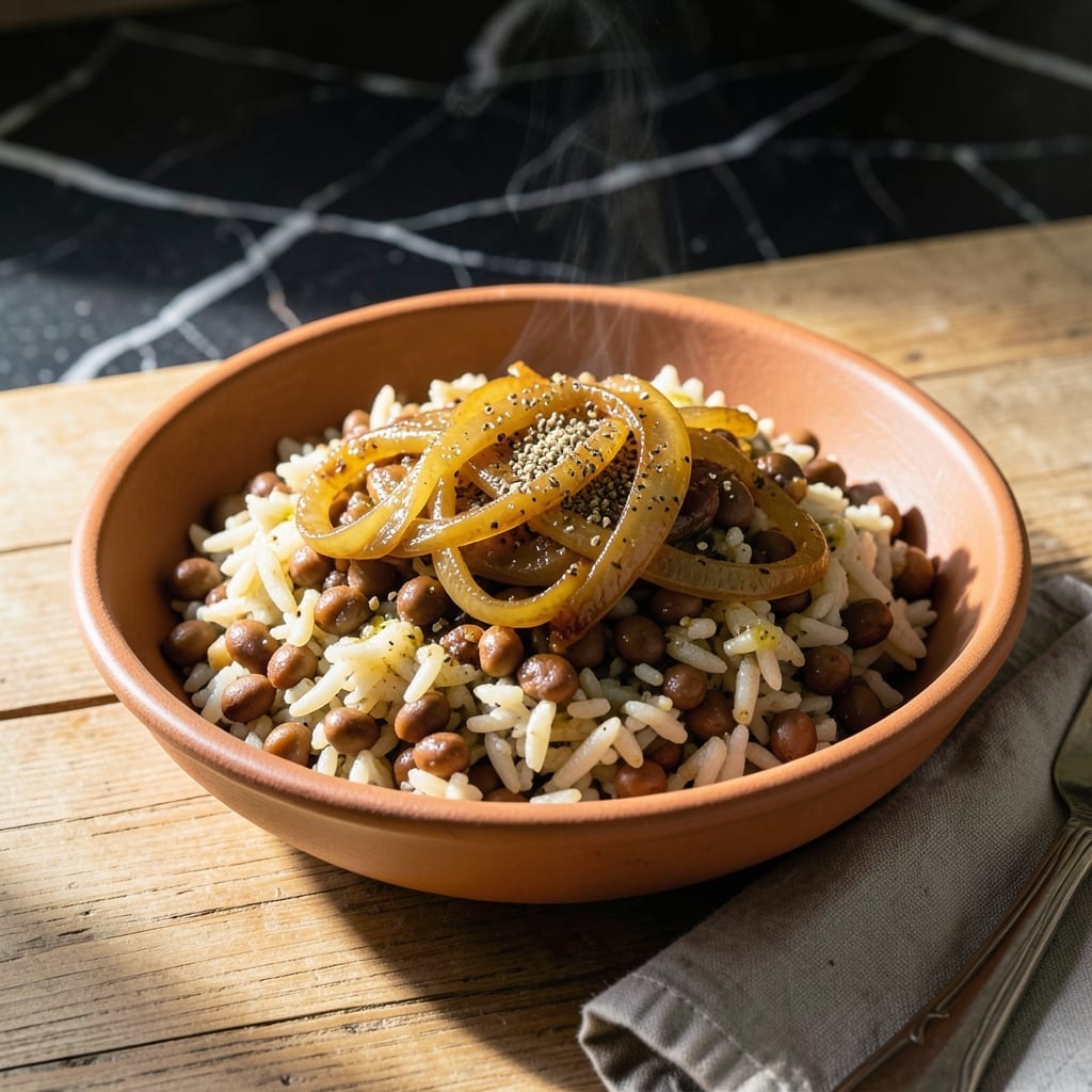 Rice and Lentils Recipe Mediterranean: Mujadara With Caramelized Onions