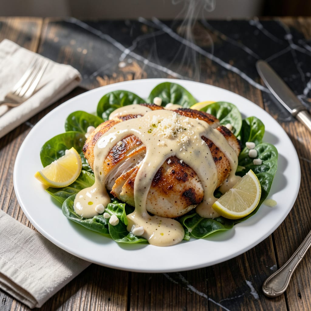 Visual representation of baked caesar chicken with creamy parmesan sauce recipe
