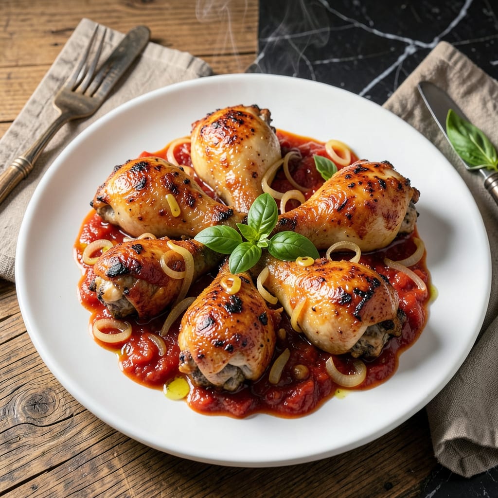 Visual representation of baked chicken and tomato sauce recipe
