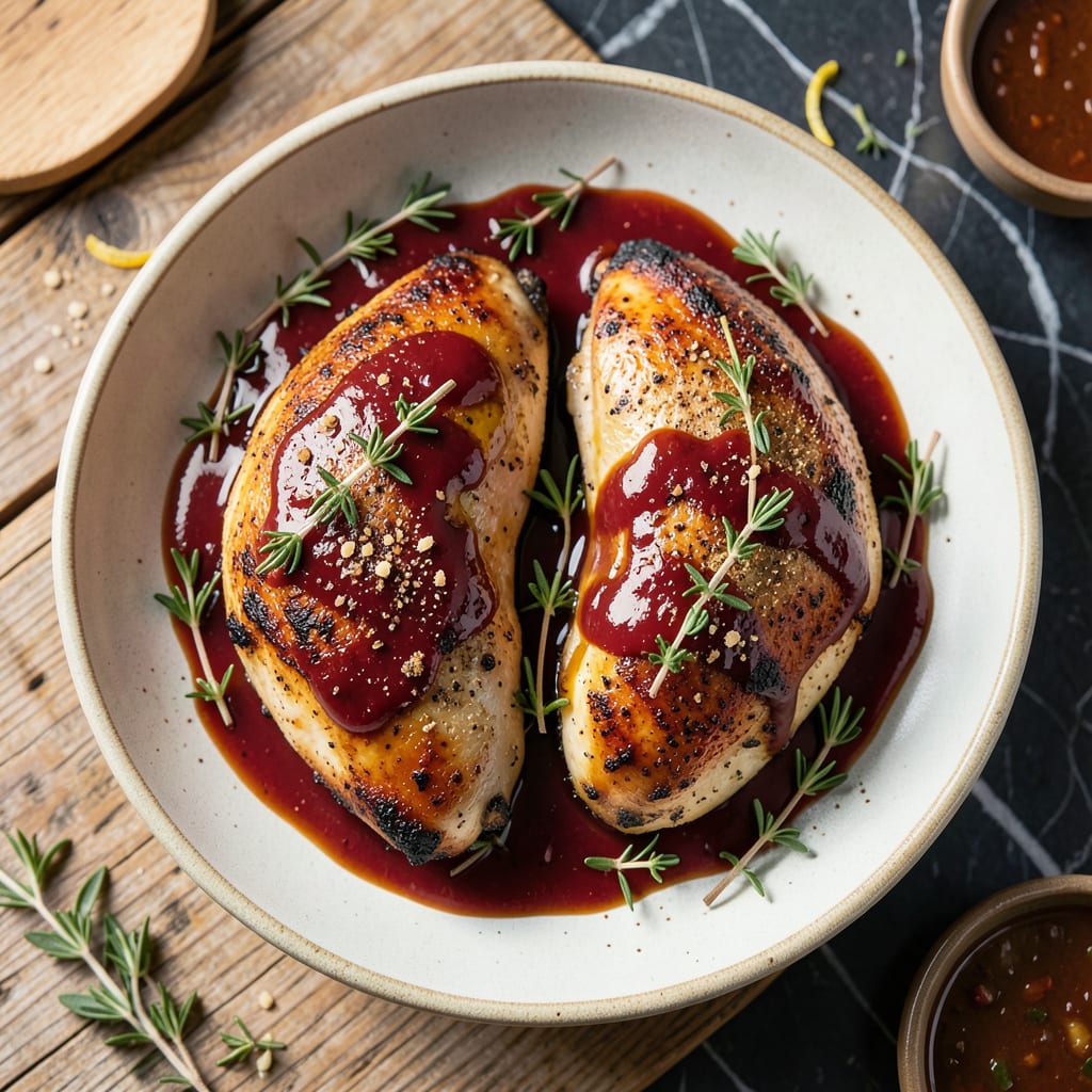 Visual representation of baked chicken breast with barbecue sauce recipe