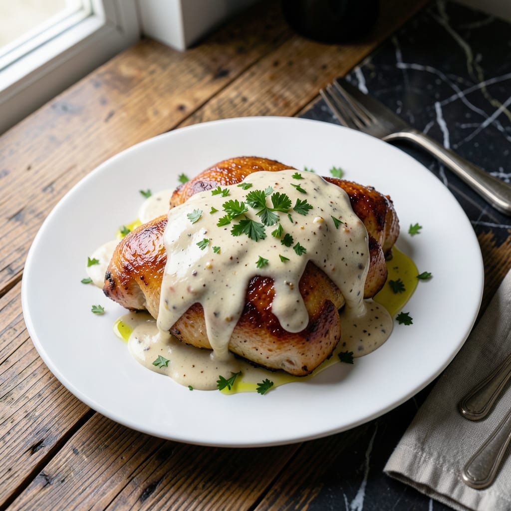 Visual representation of baked chicken in white sauce recipe
