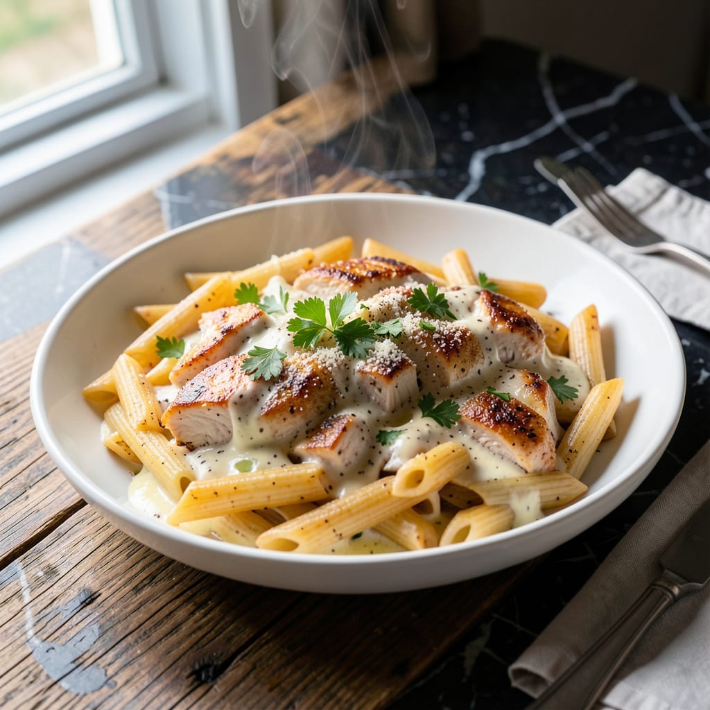 Visual representation of baked chicken pasta recipe white sauce