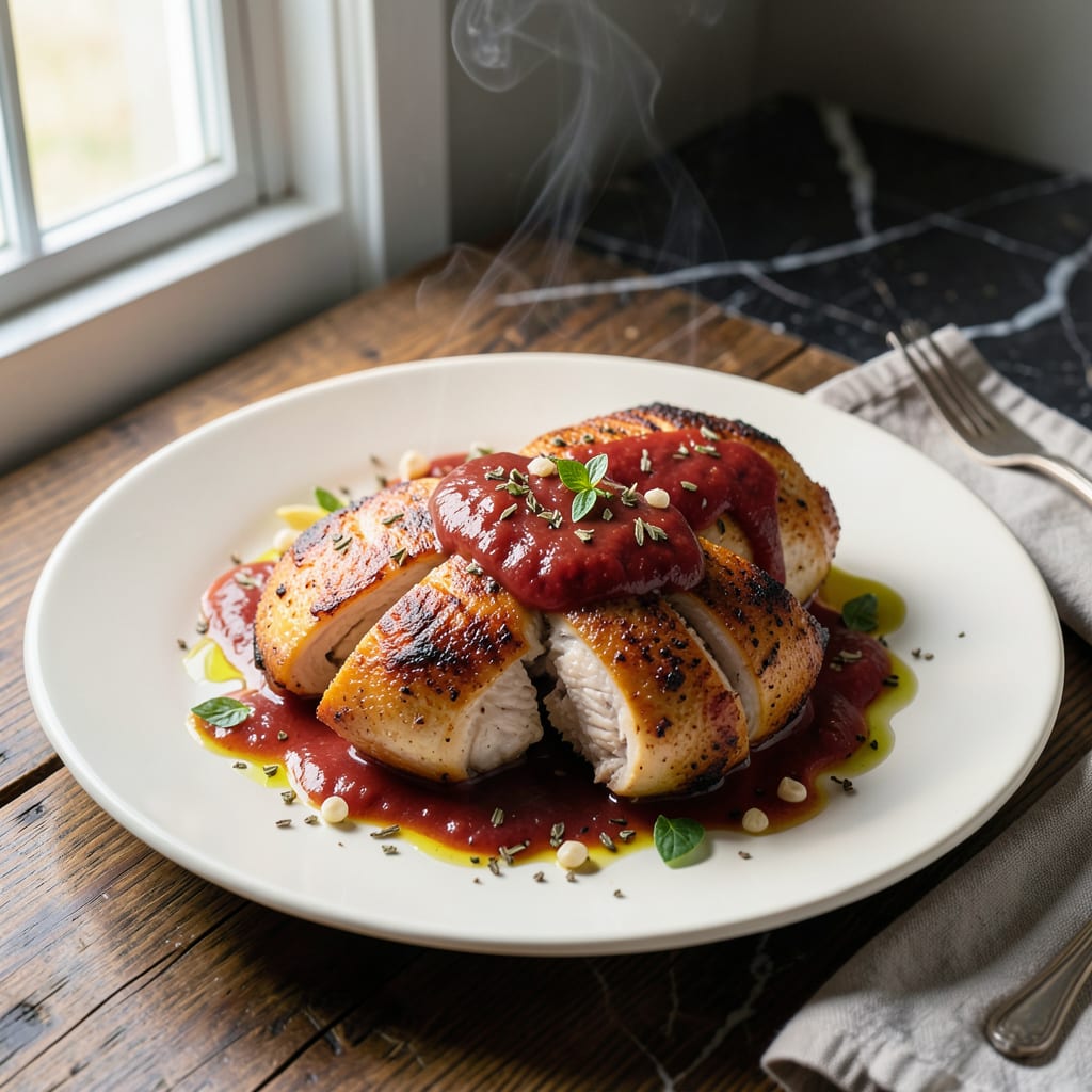 baked chicken with pasta sauce recipe illustration with key details