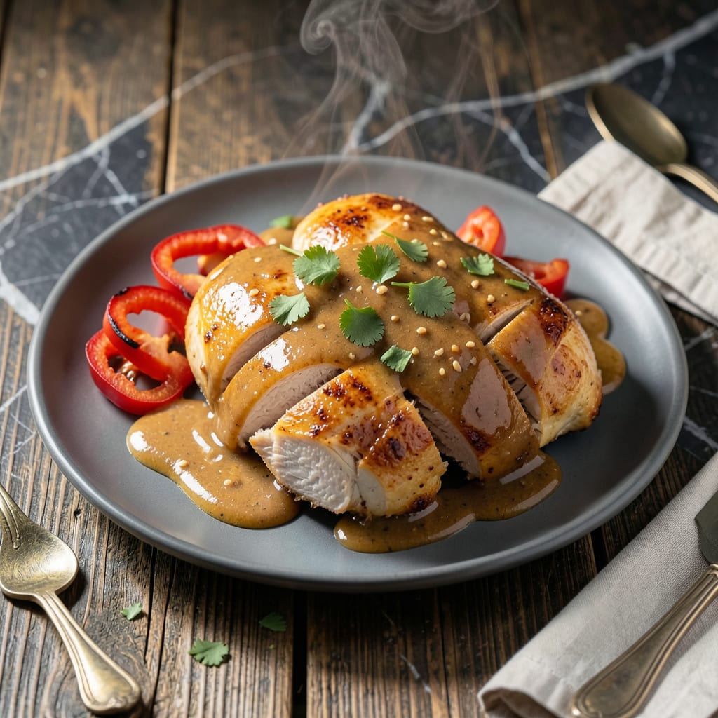 baked chicken with peanut sauce recipe illustration with key details