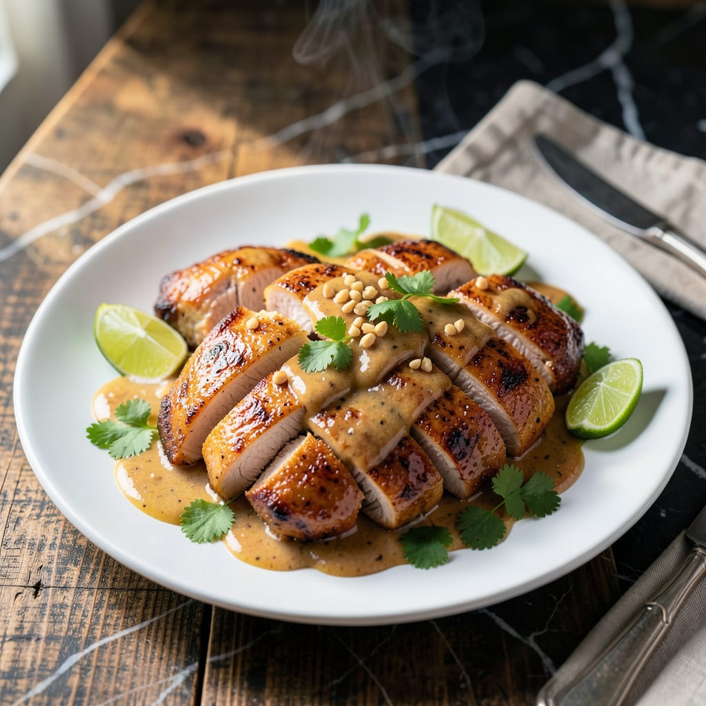 Visual representation of bangkok peanut sauce chicken recipe