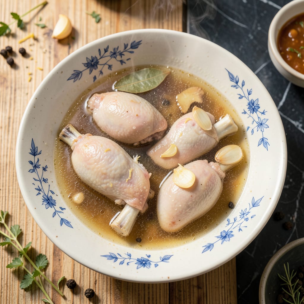 Visual representation of boil chicken thighs for soup