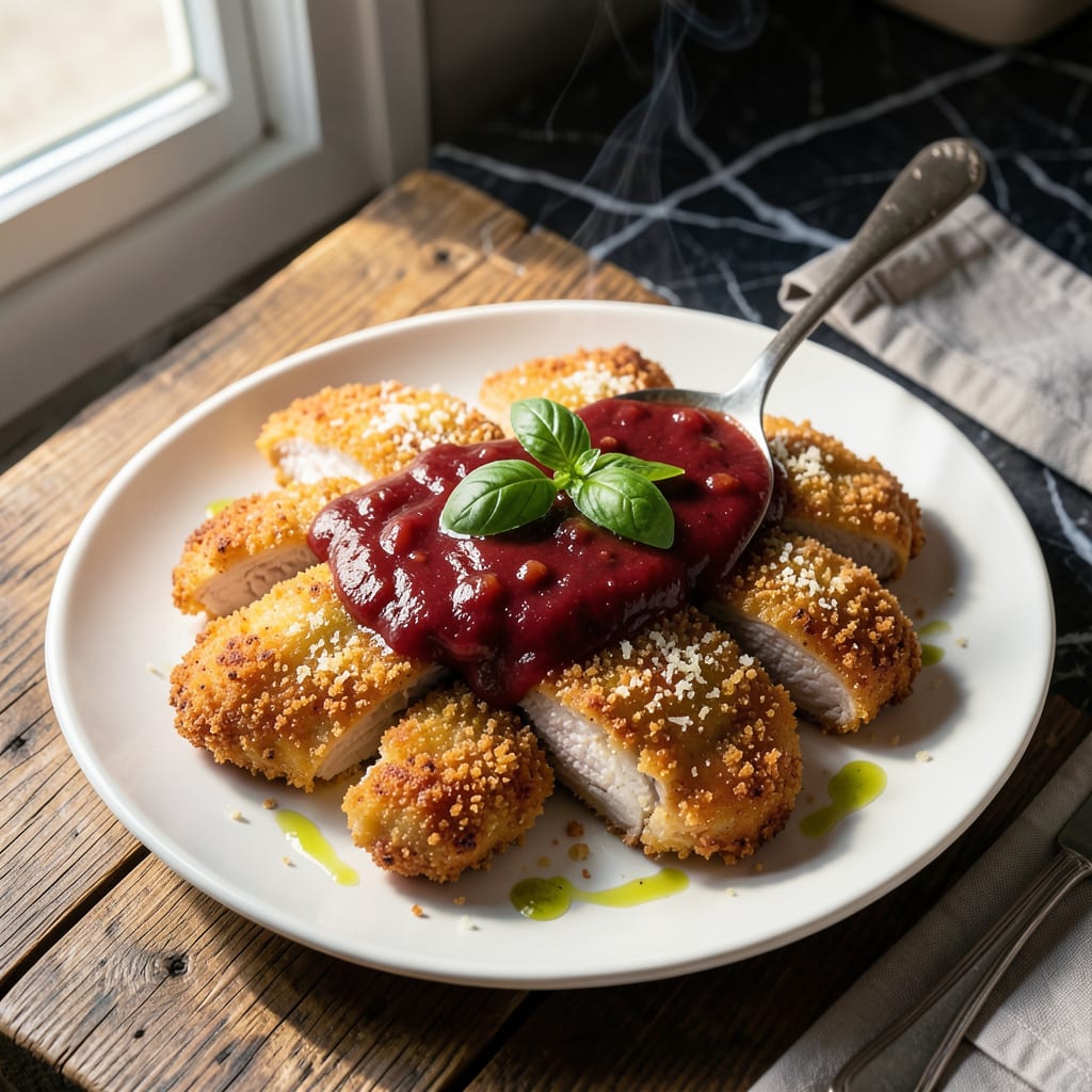 breaded chicken with pasta sauce recipe illustration with key details