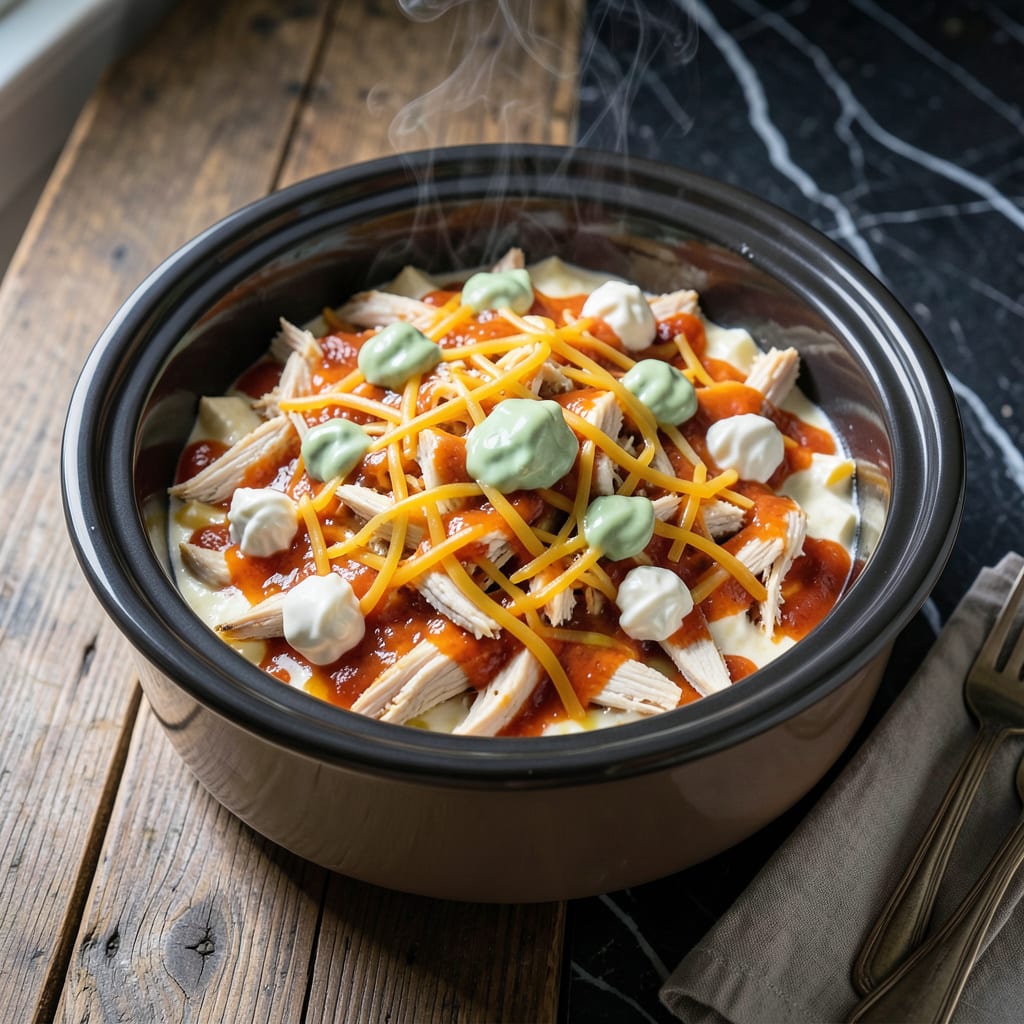 buffalo chicken dip recipe crock pot with chicken breast illustration with key details