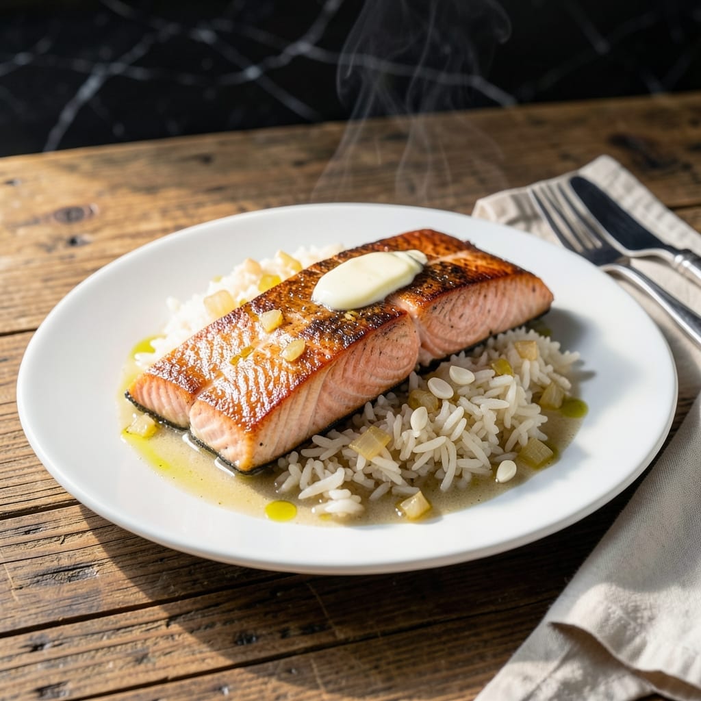 Old Fashioned Salmon and Rice Recipe: Flaky Fish Over Buttery Grains