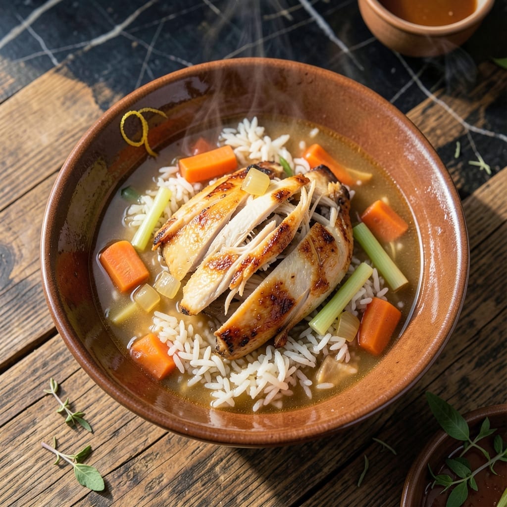 Rotisserie Chicken and Rice Soup Recipe: Shredded Meat in Herbed Broth
