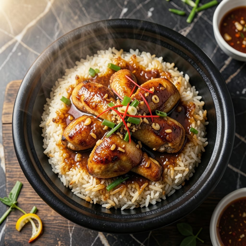Chinese Claypot Chicken Rice Recipe in Rice Cooker: Crispy Chicken Over Fragrant Jasmine Rice