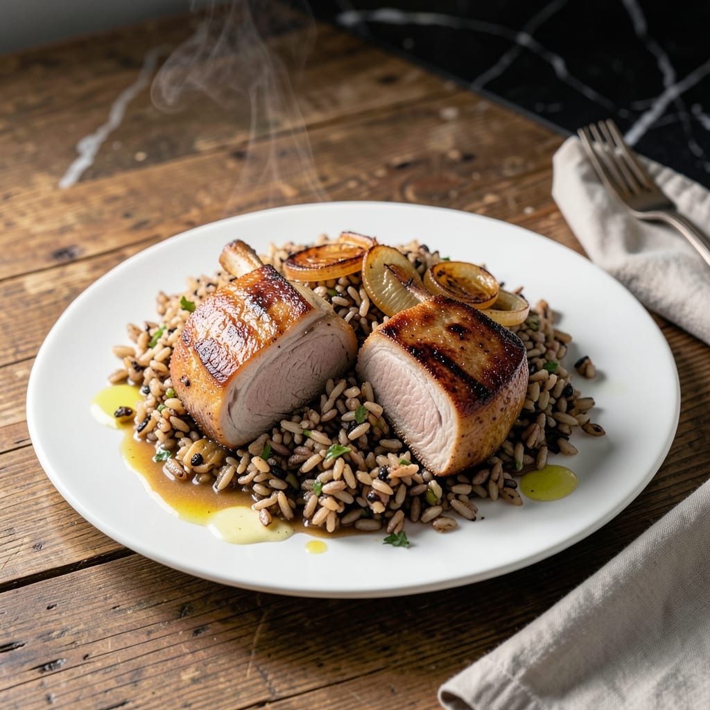 Pork Chops With Wild Rice Recipe: Pan-Seared Tenderness Over Nutty Grains Pork Chops With Wild Rice Recipe: Pan-Seared Tenderness Over Nutty Grains