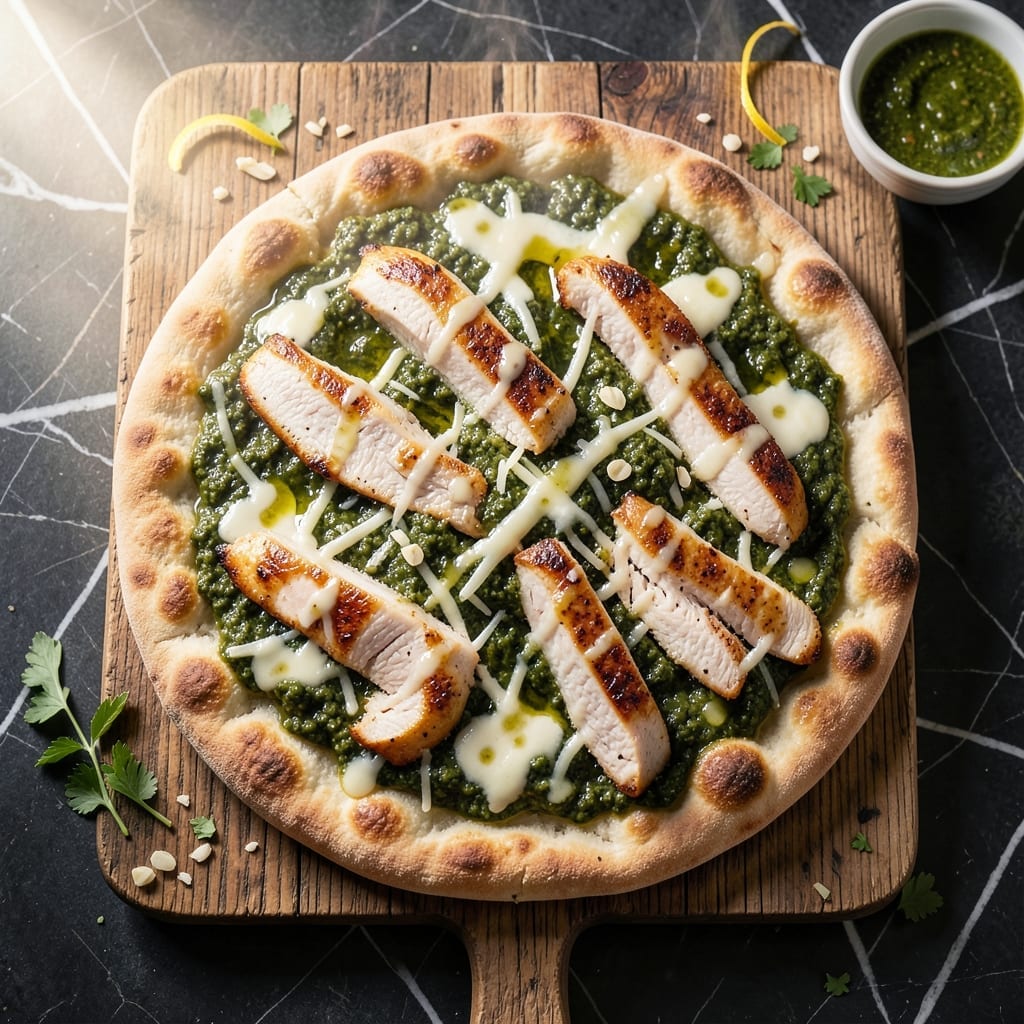Chicken Pesto Flatbread Recipe: Garlic-Kissed Crust with Fresh Basil Swirls Chicken Pesto Flatbread Recipe: Garlic-Kissed Crust with Fresh Basil Swirls
