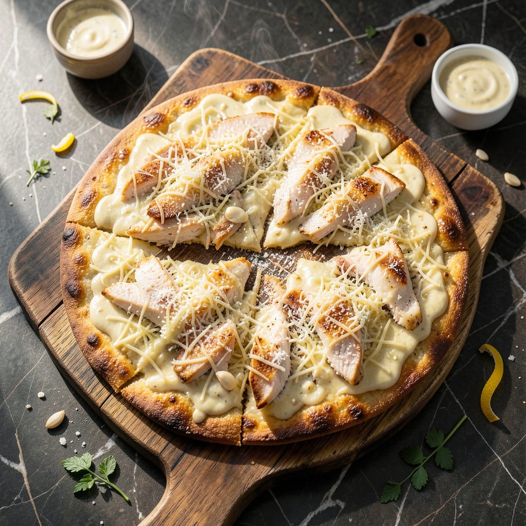 chicken alfredo flatbread pizza recipe easy illustration with key details