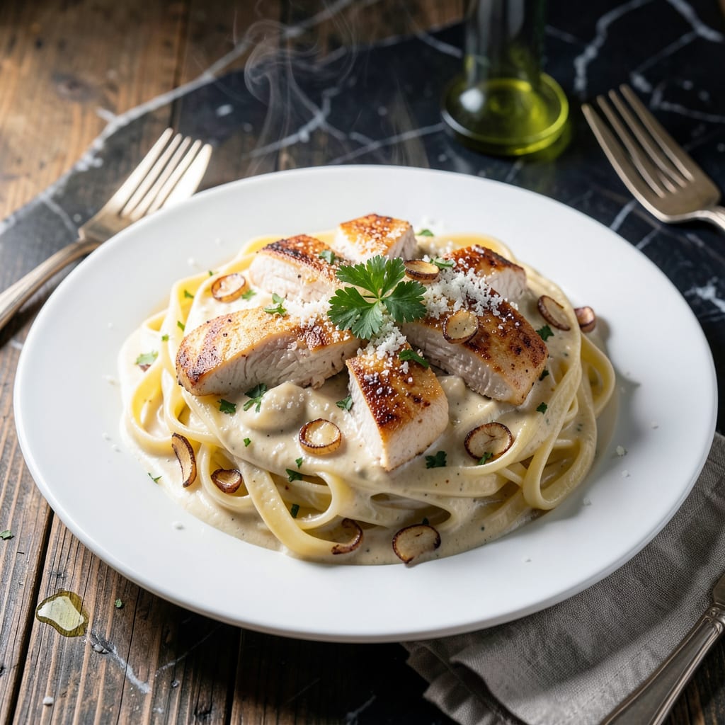 Visual representation of chicken alfredo pasta recipe with alfredo sauce