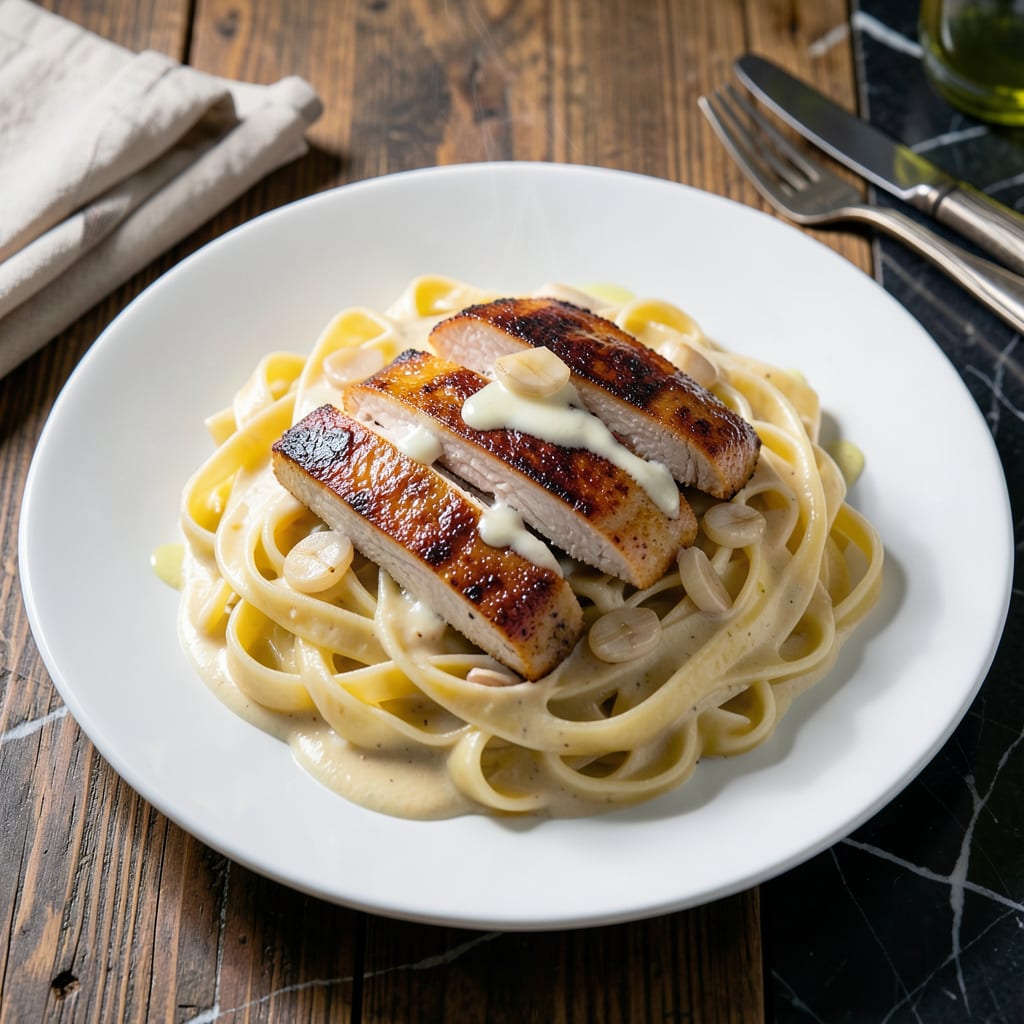 Comprehensive chicken alfredo pasta recipe with bertolli sauce visual reference