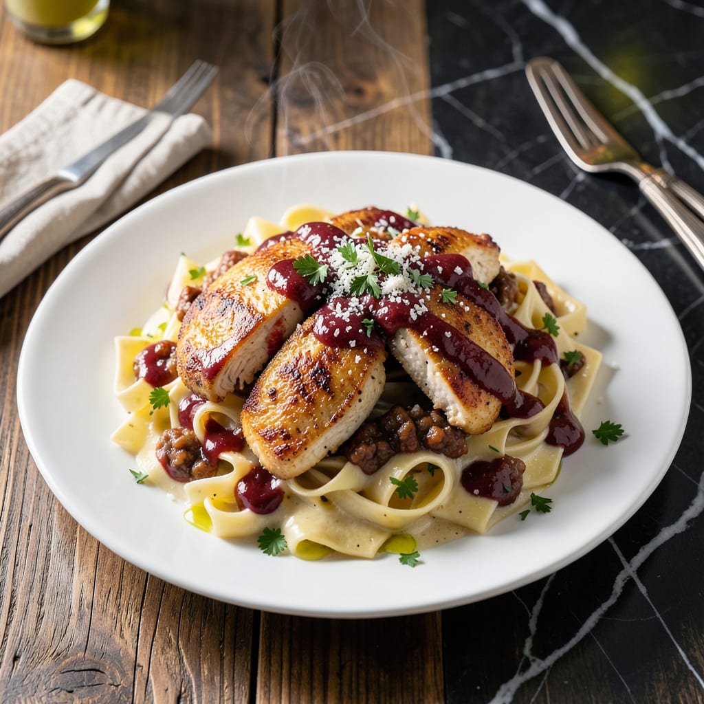 Comprehensive chicken alfredo pasta recipe with ragu sauce visual reference