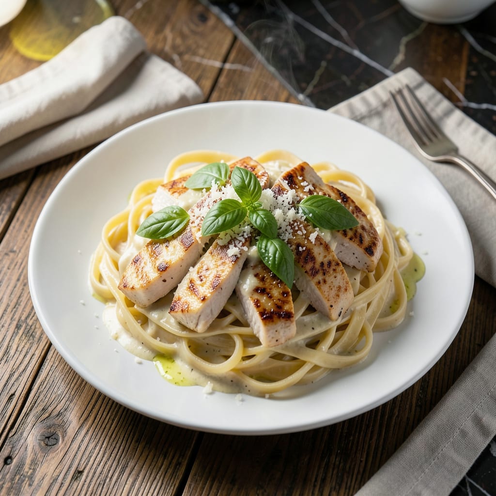 chicken alfredo pasta recipe with store bought sauce illustration with key details