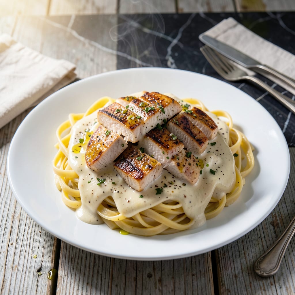 chicken alfredo recipe with already made sauce illustration with key details