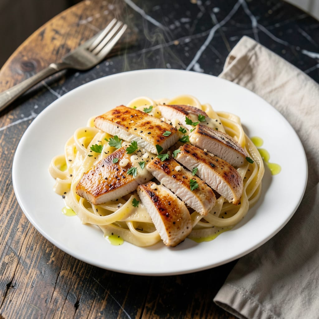 Visual representation of chicken alfredo recipe with bertolli alfredo sauce
