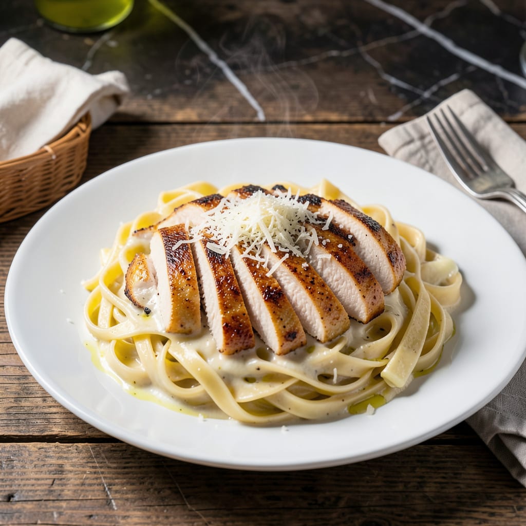 chicken alfredo recipe with raos sauce illustration with key details