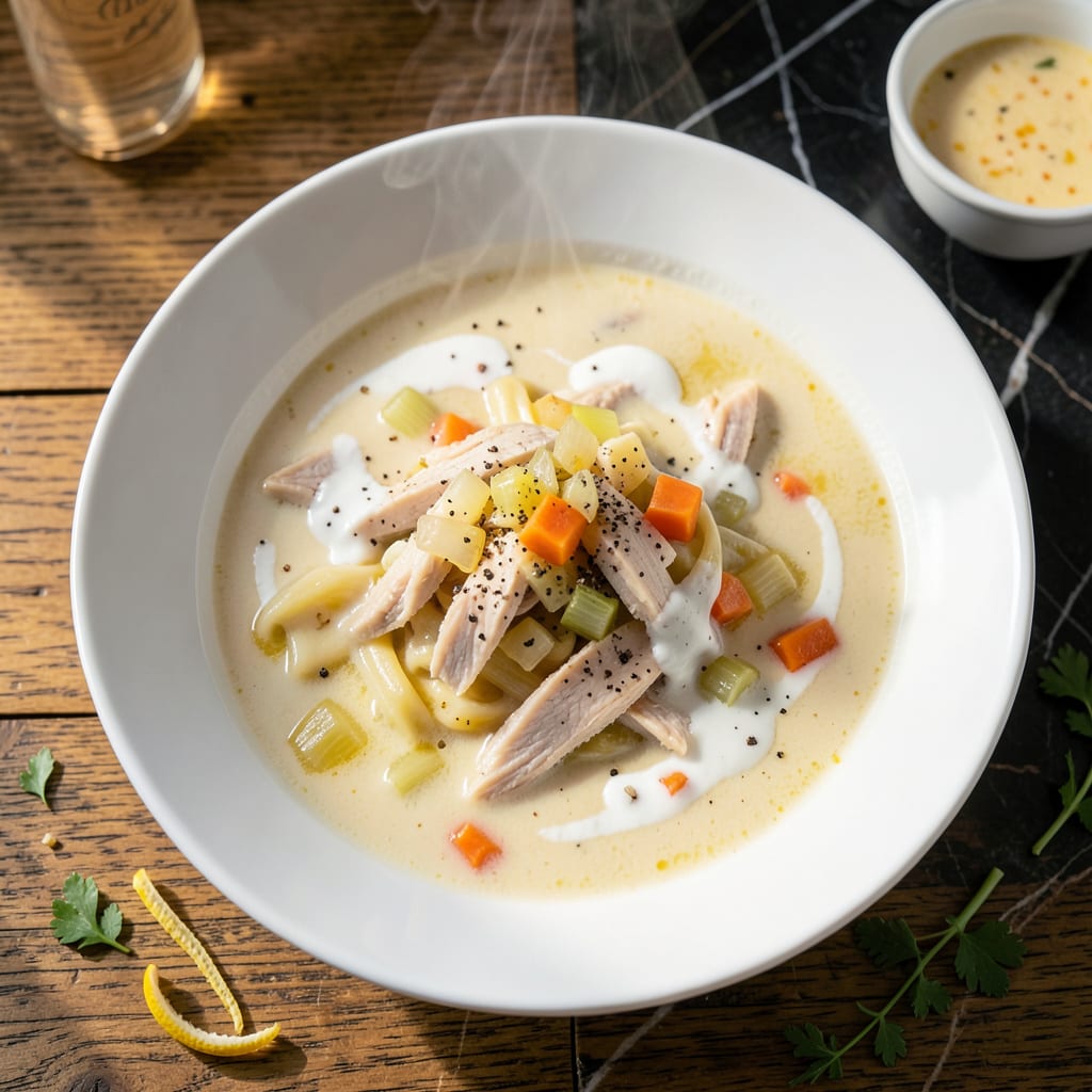 Visual representation of chicken alfredo soup recipe with jar sauce