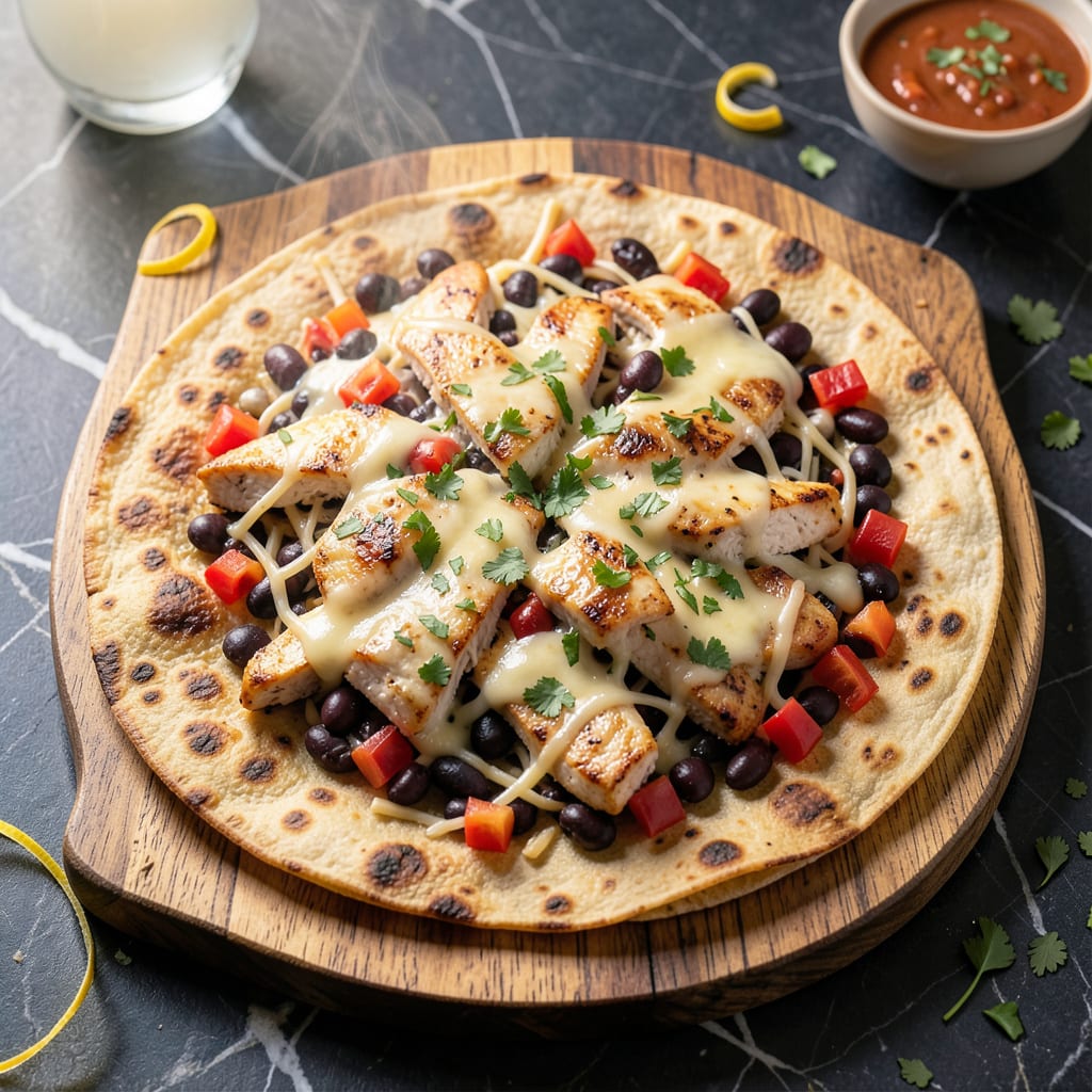 chicken and black bean quesadilla recipe illustration with key details