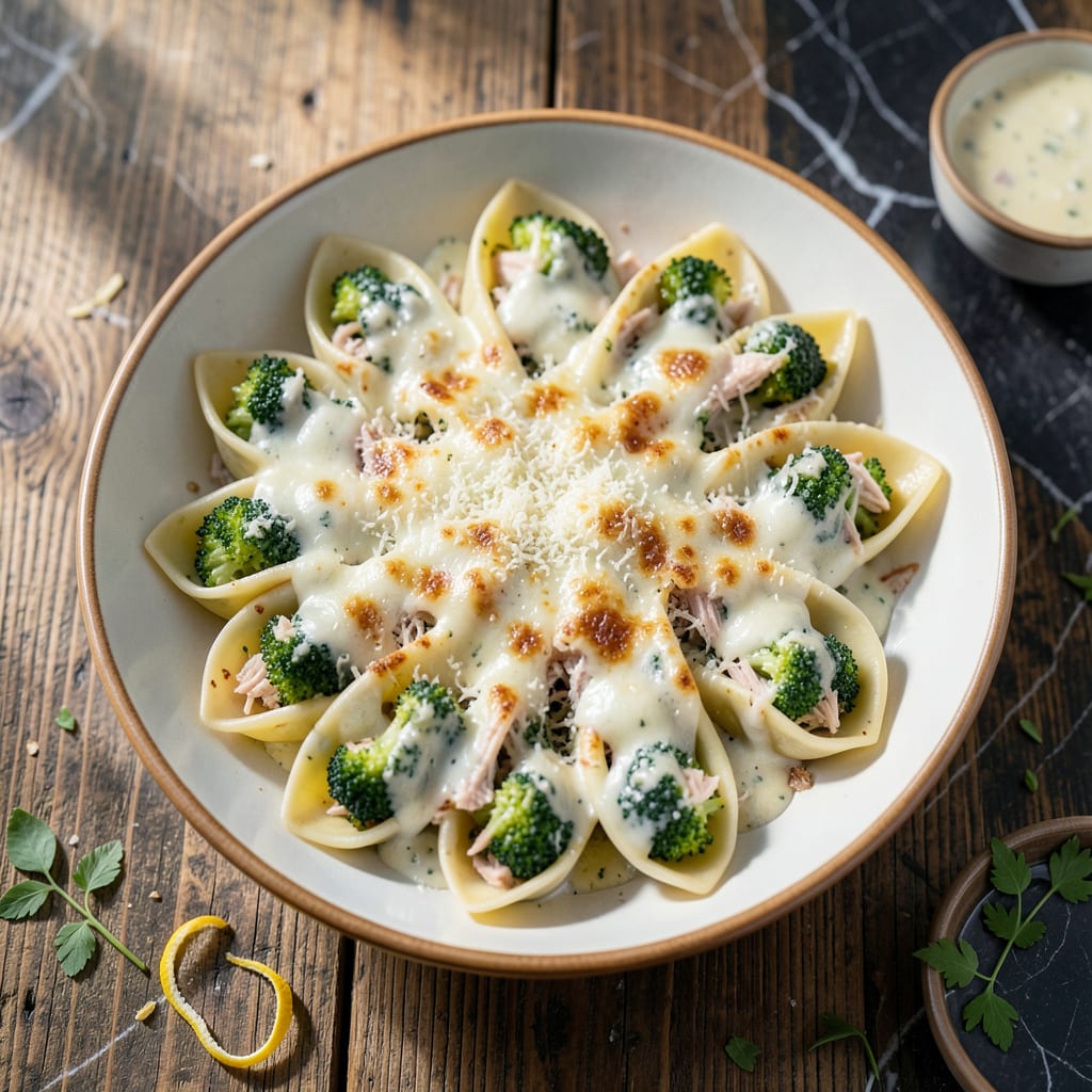 Visual representation of chicken and broccoli stuffed shells with alfredo sauce recipe