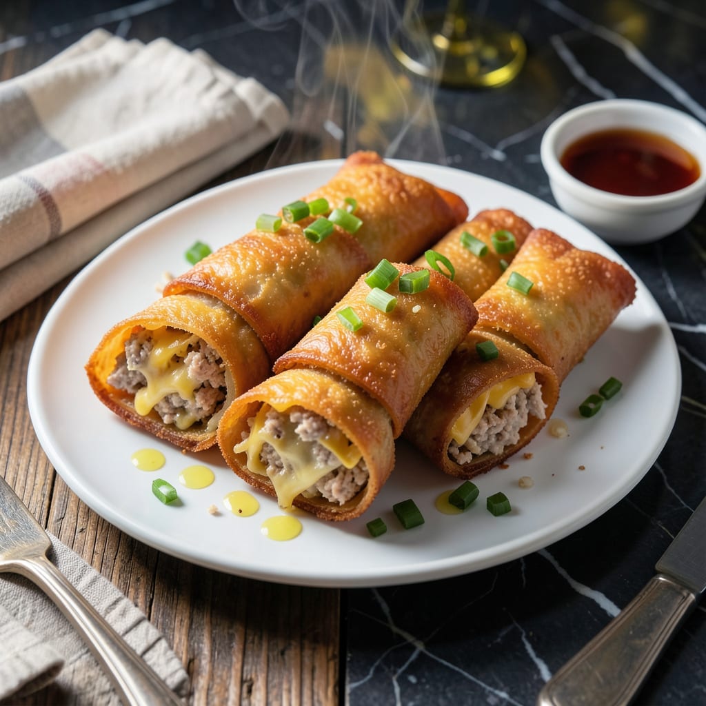 chicken and cheese egg roll recipe illustration with key details