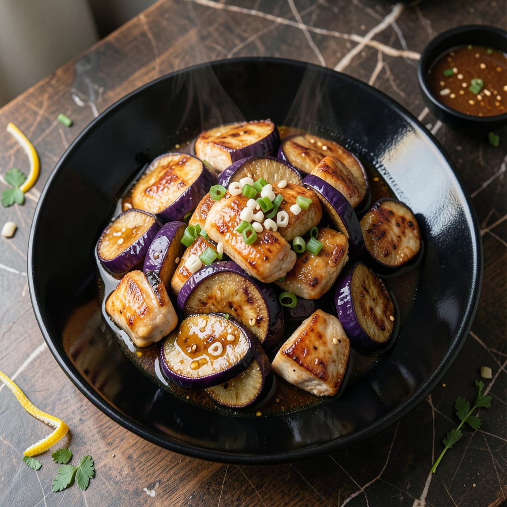 Complete chicken and eggplant in garlic sauce recipe overview image