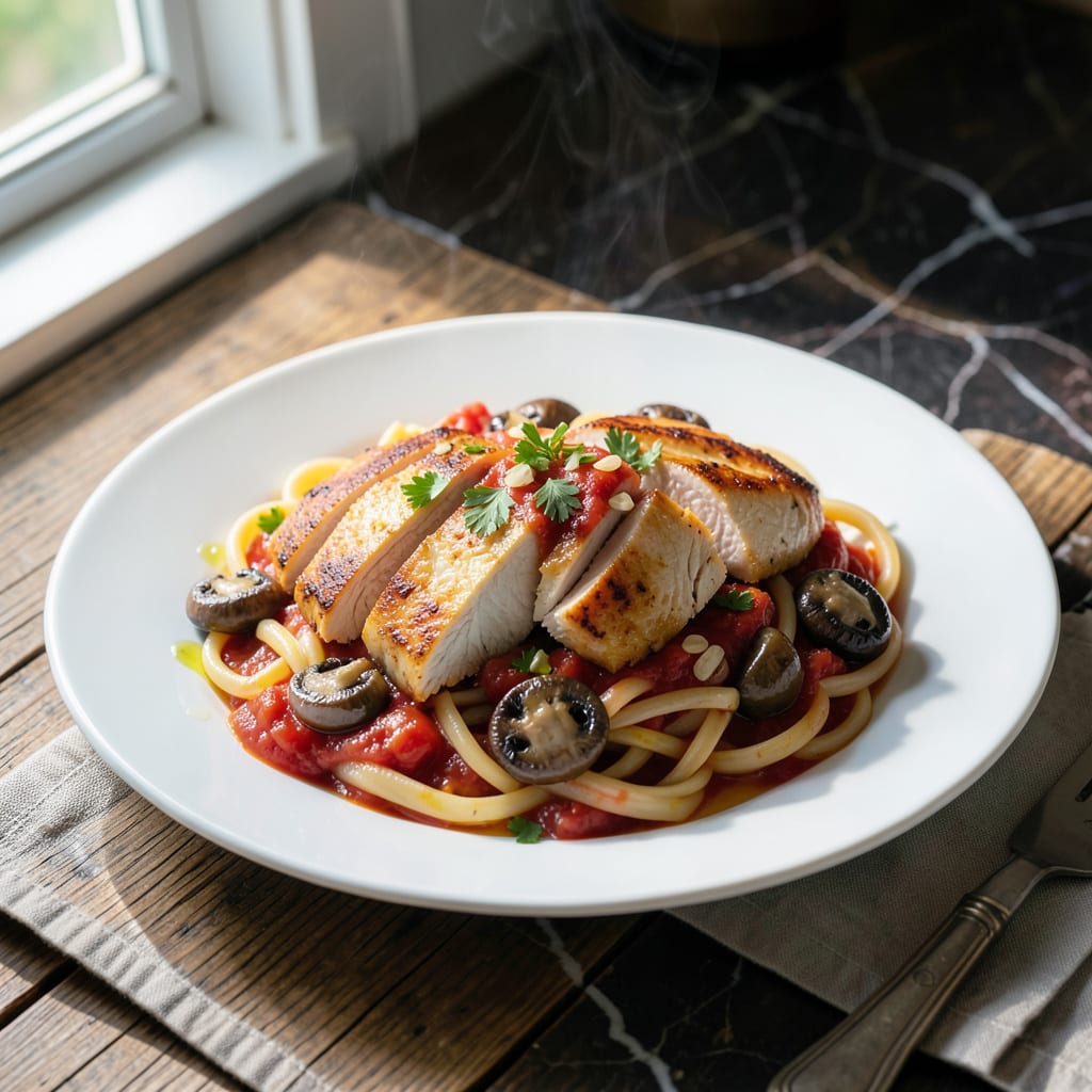 Complete chicken and mushroom pasta with tomato sauce recipe overview image