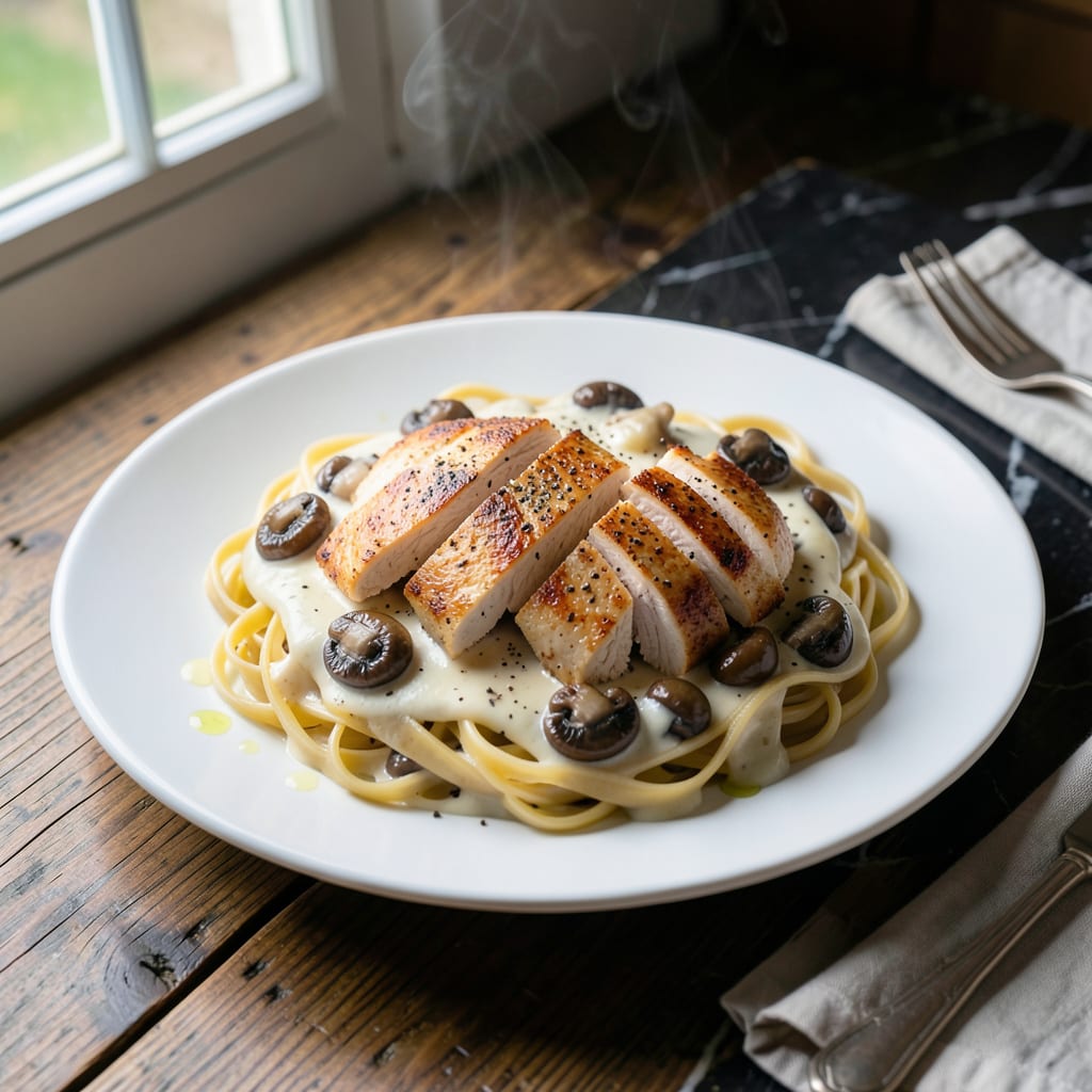 Complete chicken and mushroom pasta with white sauce recipe overview image