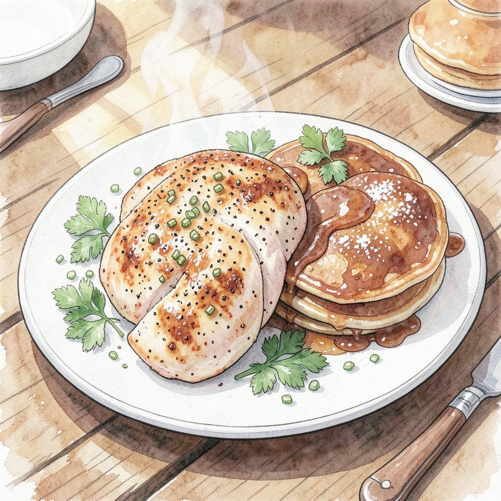 Visual representation of Chicken and Pancakes Recipe: Fluffy Pancakes and Juicy Chicken Delight