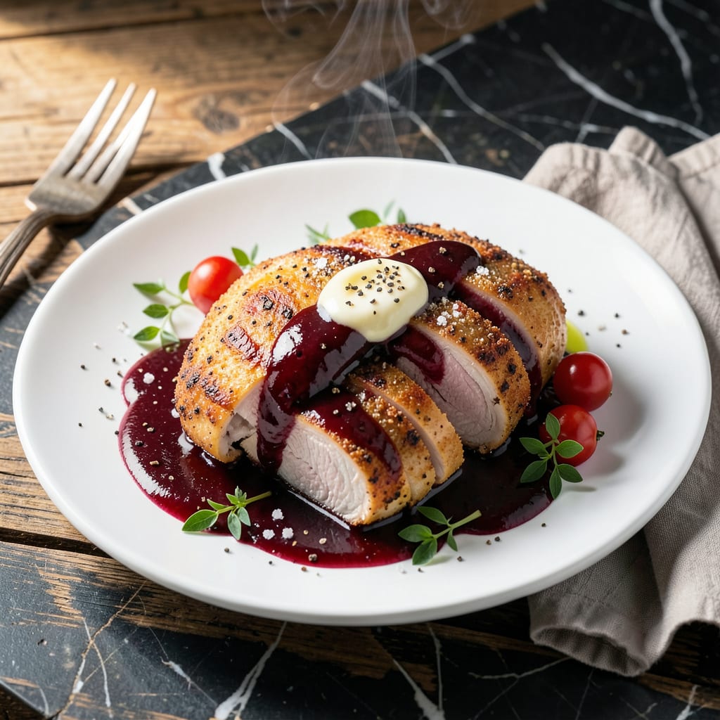Visual representation of chicken and red wine sauce recipe
