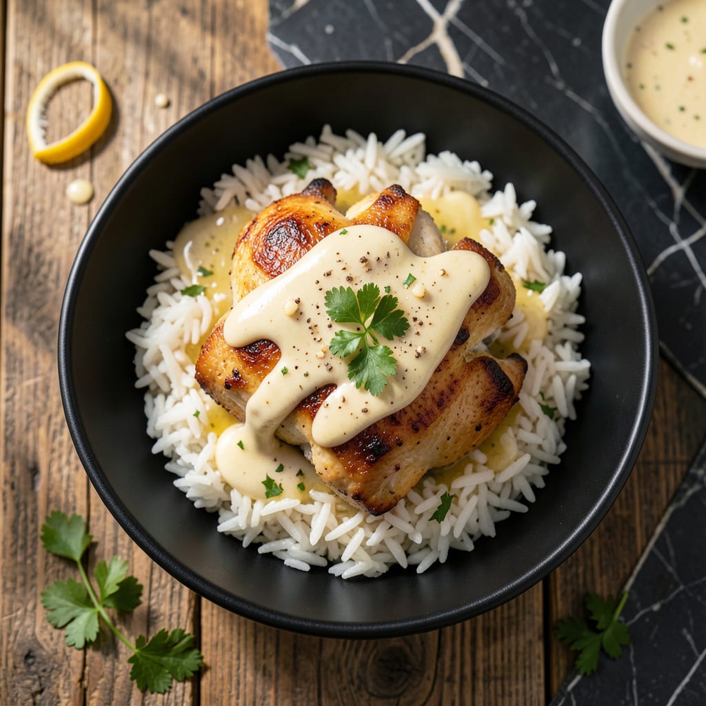 Visual representation of chicken and rice bowl with creamy garlic sauce recipe