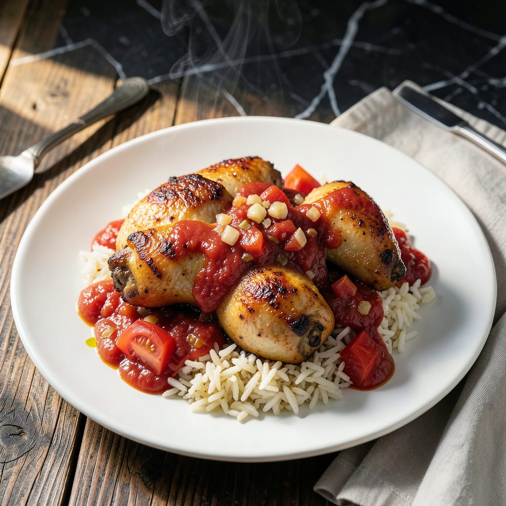 chicken and rice recipe with tomato sauce illustration with key details