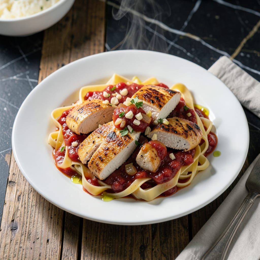 chicken breast pasta sauce recipe illustration with key details