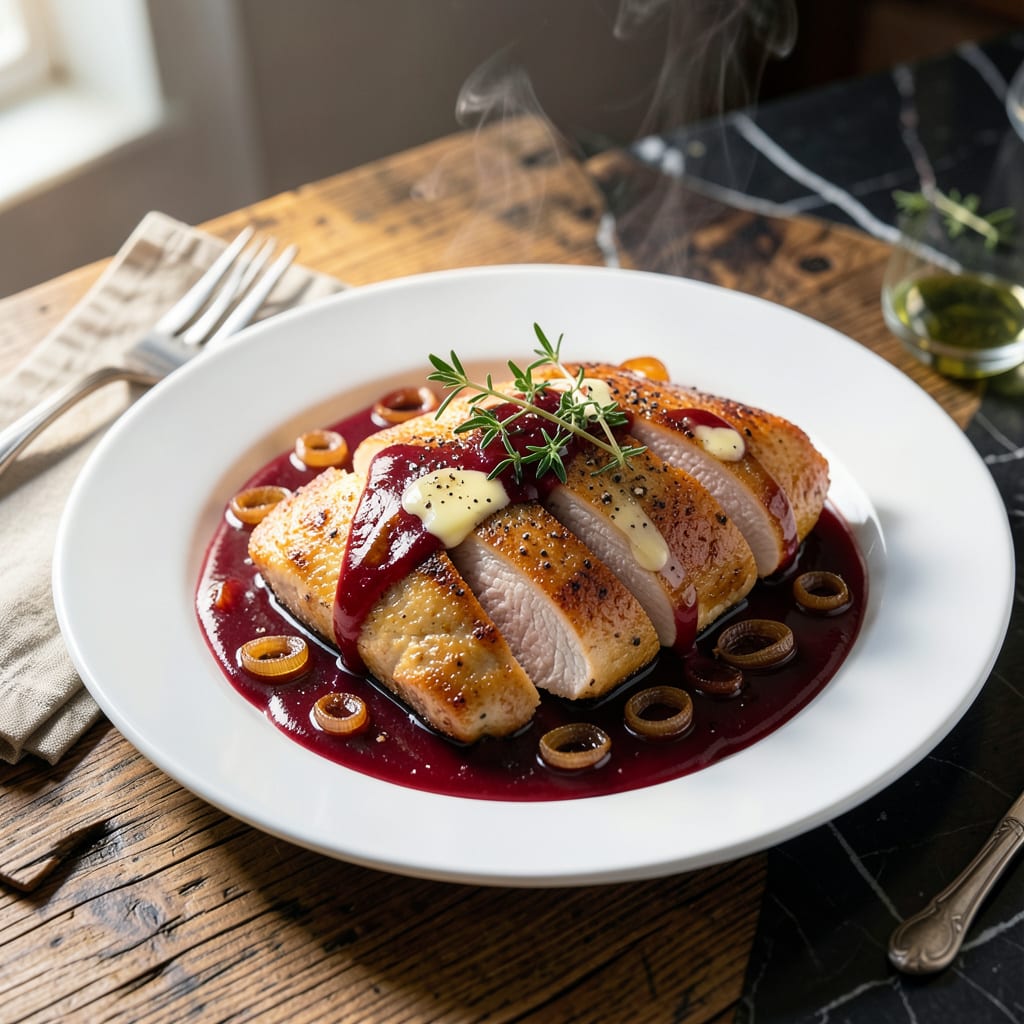 chicken breast with cherry sauce recipe illustration with key details
