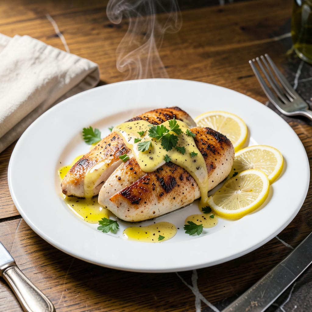 Visual representation of chicken breast with lemon sauce recipe