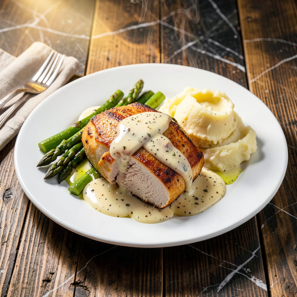 chicken breast with white wine sauce recipe illustration with key details