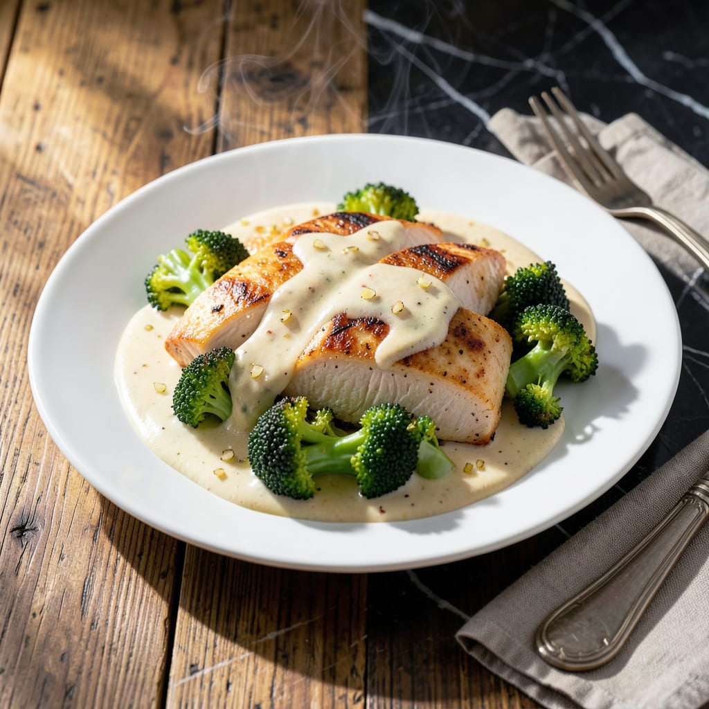 Visual representation of chicken broccoli alfredo recipe with jar sauce no pasta